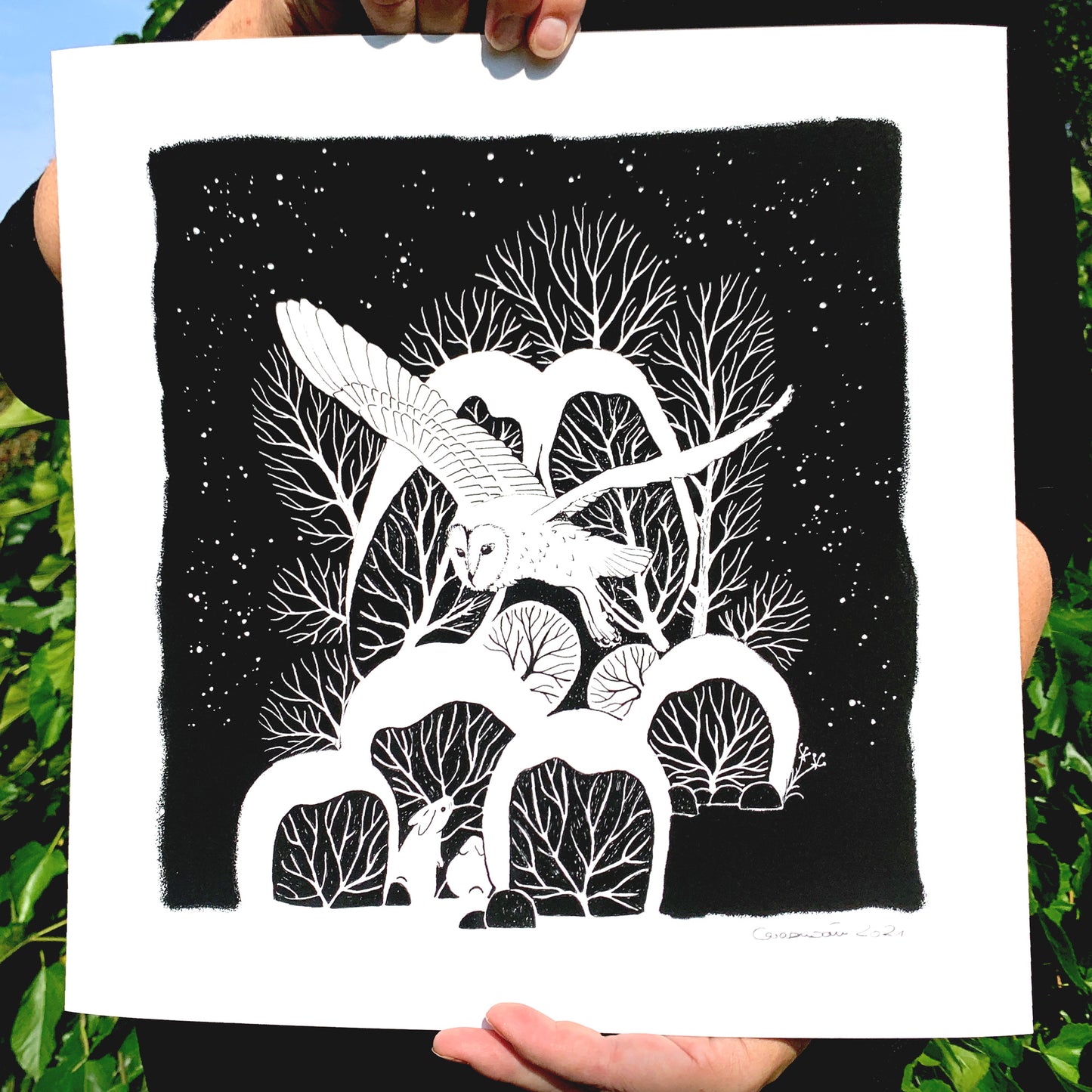 Winterbild - Schleiereule im Schnee - minimalistischer Kunstdruck in schwarz-weiß ca. 35x35cm