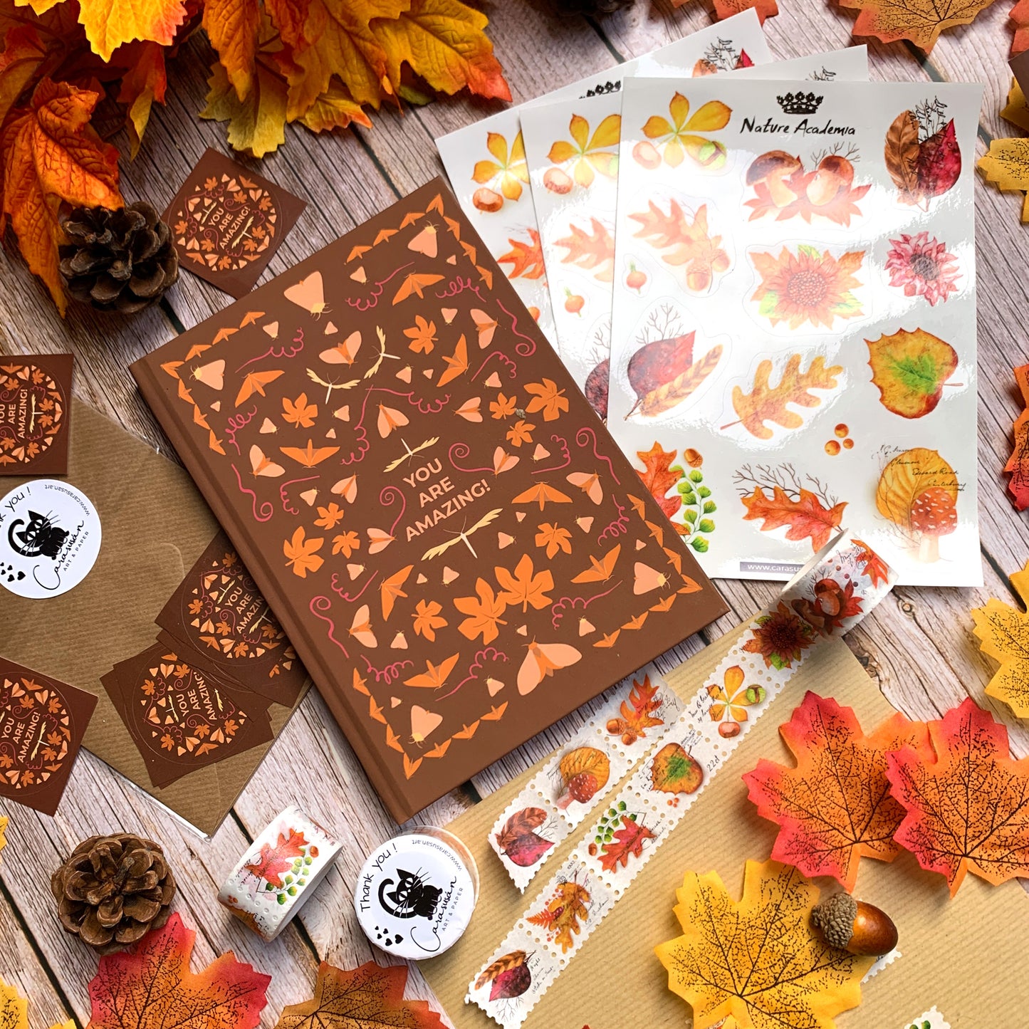 Journaling Set Herbst | Notizbuch mit Punktraster, Washi Tape und passende Sticker Herbstlaub und Nachtfalter | Boho