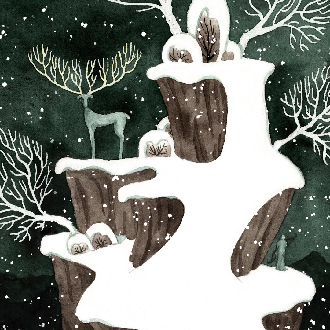 Winterlandschaft mit Hirsch Aquarell, Kunstdruck, Fine Art Print, Berglandschaft im Schnee