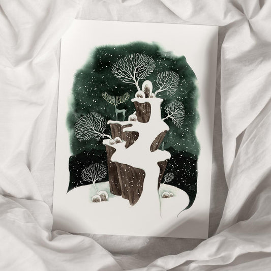 Winter landscape with a stag, watercolor, fine art print, snowscape