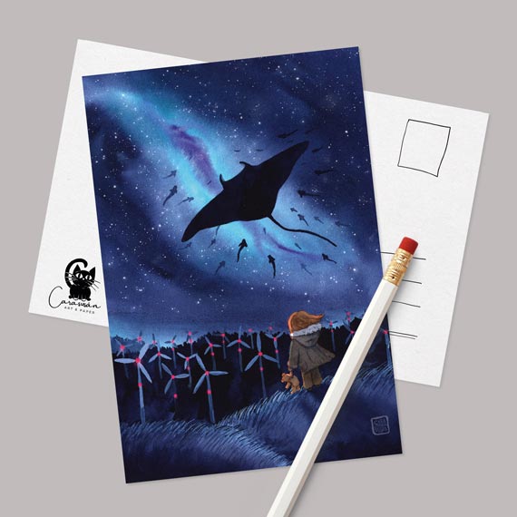 Postkarte 'Migration' Aquarell DinA6 | Galaxie und Manta-Rochen | Fantasy-Art