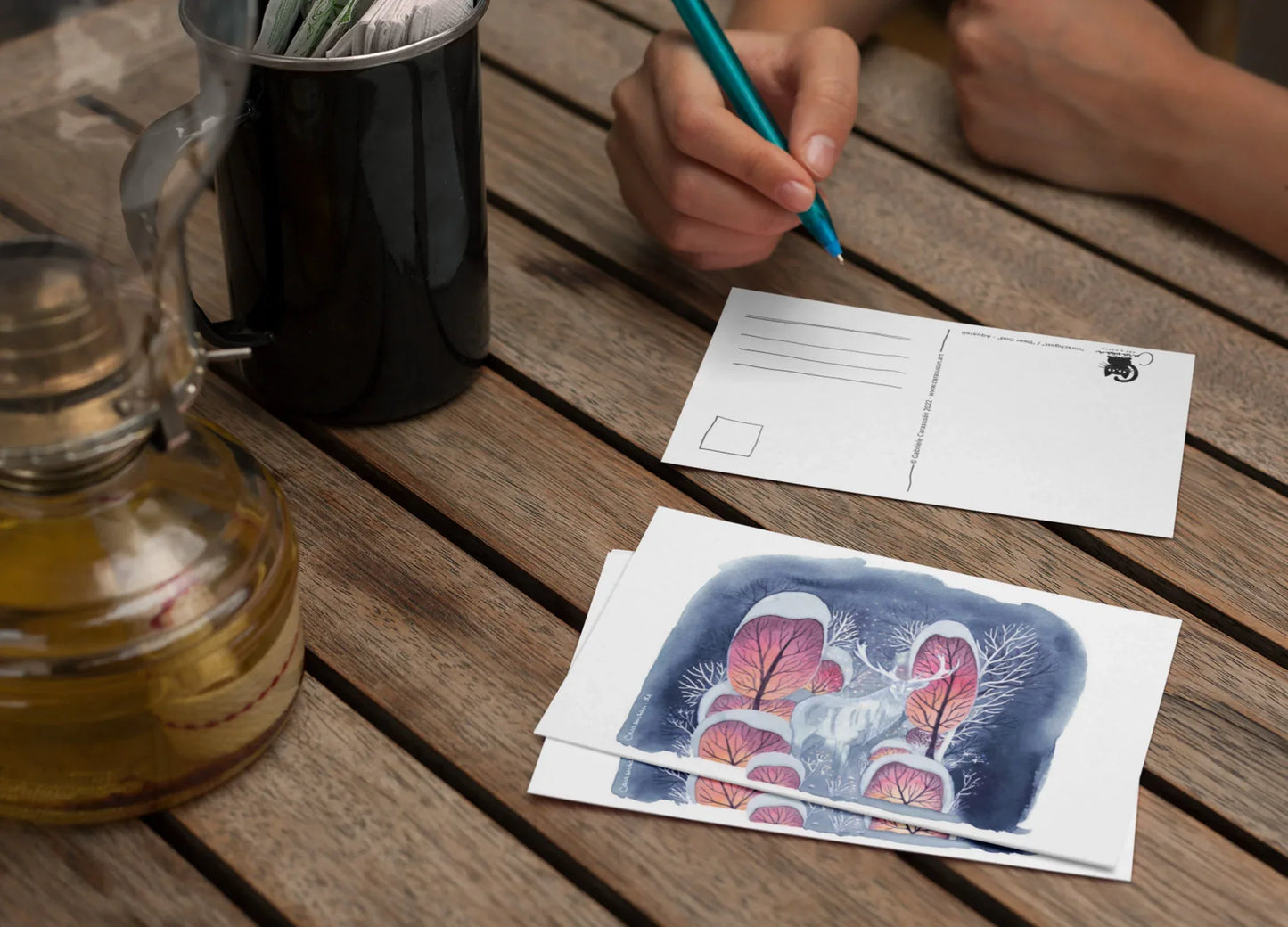 Postkarte Hirsch im Zauberwald | Din A6 | Aquarell magische Winterlandschaft | Winterbild Natur | Kunstpostkarten sammeln - Carasusan