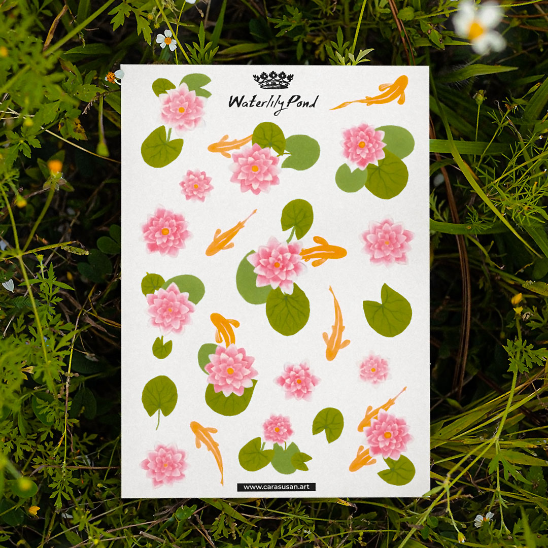 Sticker sheet with waterlilies and goldfish | Bullet journal supplies | Scrapbooking