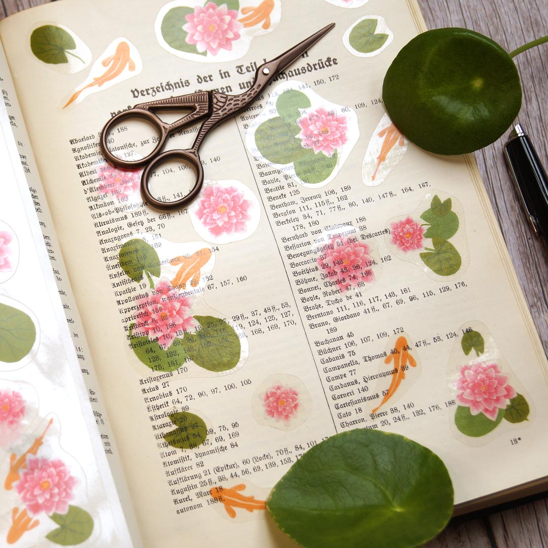 Transparent Sticker sheet with waterlilies and goldfish | Bullet journal supplies | Scrapbooking