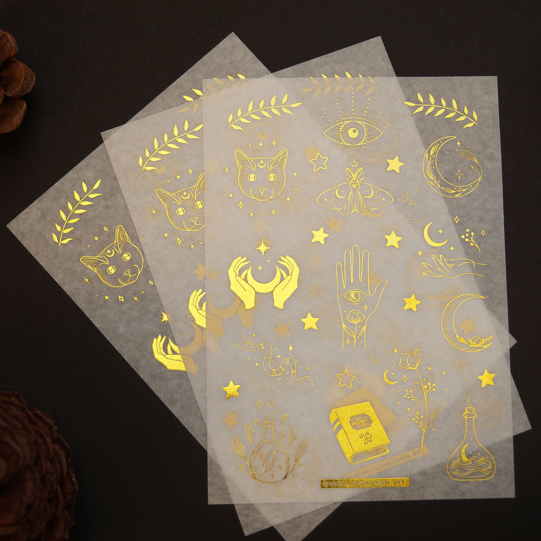 Washi Sticker with gold foil print, magical symbols, cats and witchy things printed on washi paper