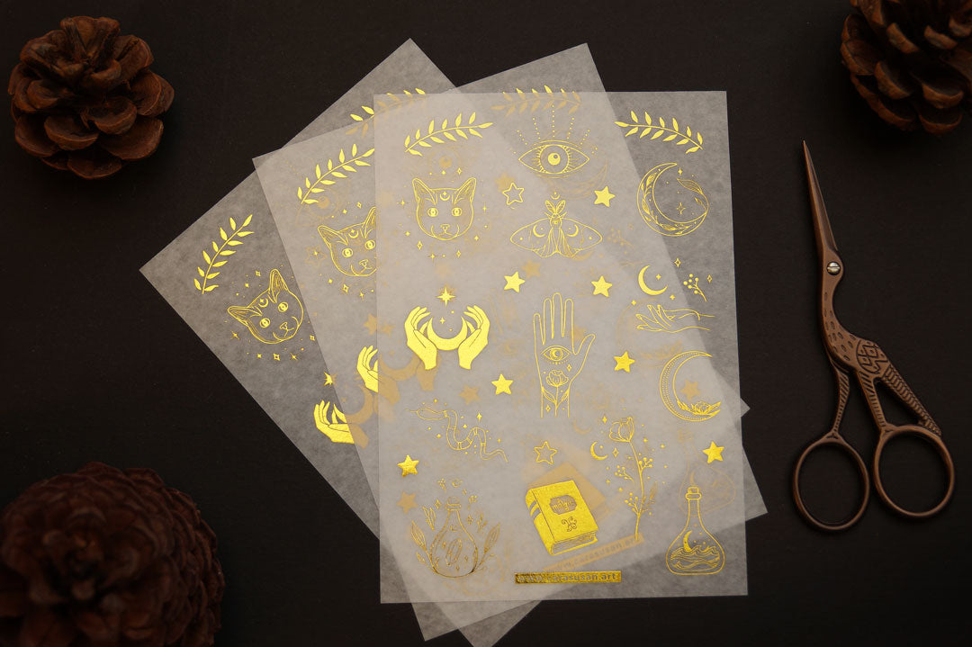 Washi Sticker with gold foil print, magical symbols, cats and witchy things printed on washi paper