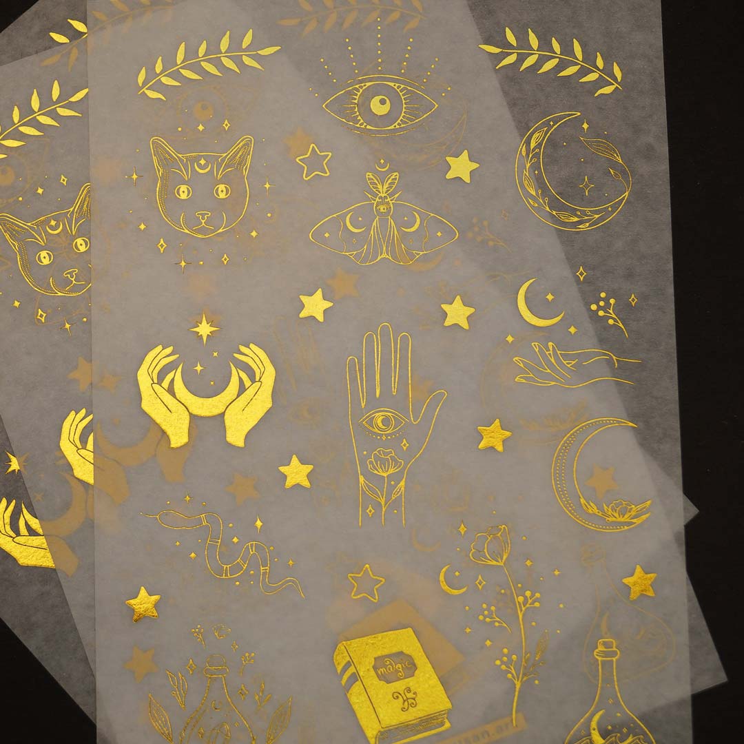 Washi Sticker with gold foil print, magical symbols, cats and witchy things printed on washi paper
