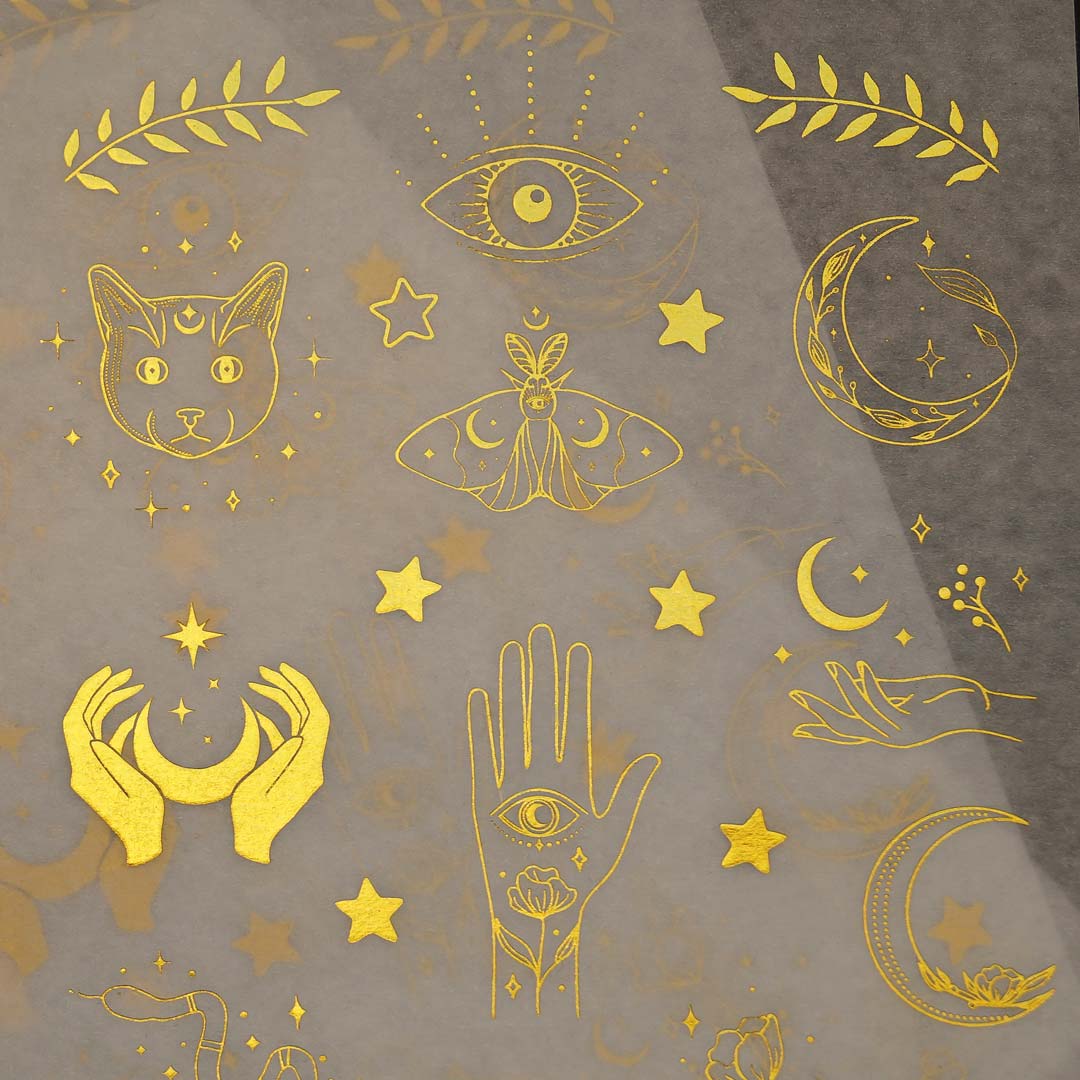 Washi Sticker with gold foil print, magical symbols, cats and witchy things printed on washi paper