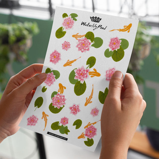 Sticker sheet with waterlilies and goldfish | Bullet journal supplies | Scrapbooking