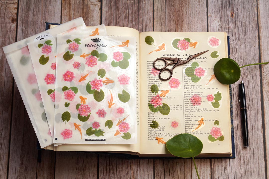 Transparent Sticker sheet with waterlilies and goldfish | Bullet journal supplies | Scrapbooking