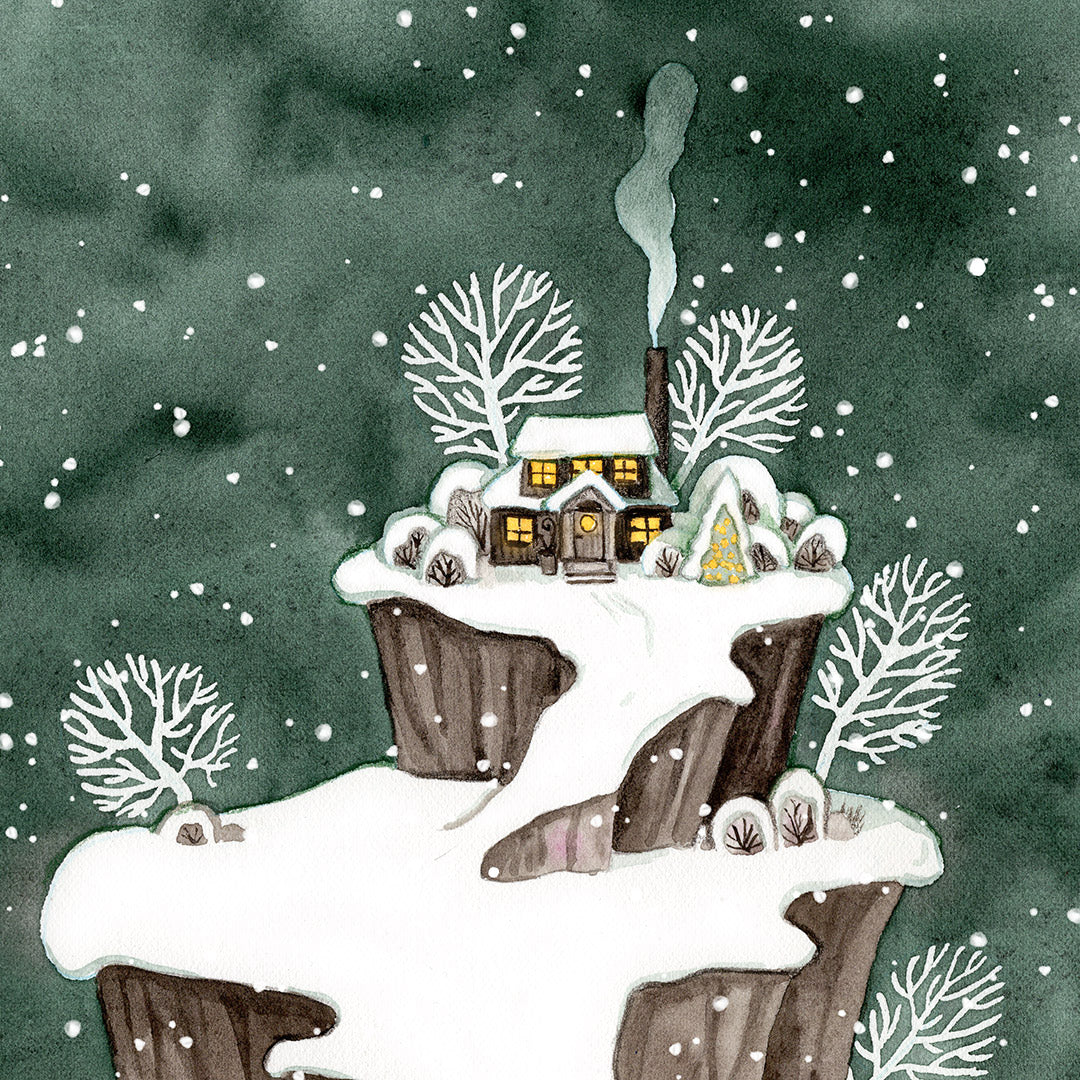 Detail aus handgemaltem Aquarellmotiv magische Winterlandschaft mit gemütlicher Berghütte und wandernden Magiern