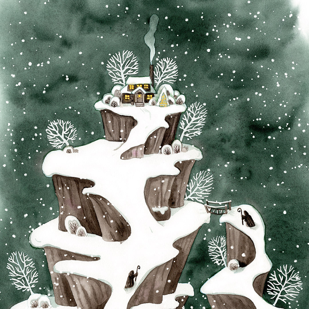 Detail aus handgemaltem Aquarellmotiv magische Winterlandschaft mit gemütlicher Berghütte und wandernden Magiern
