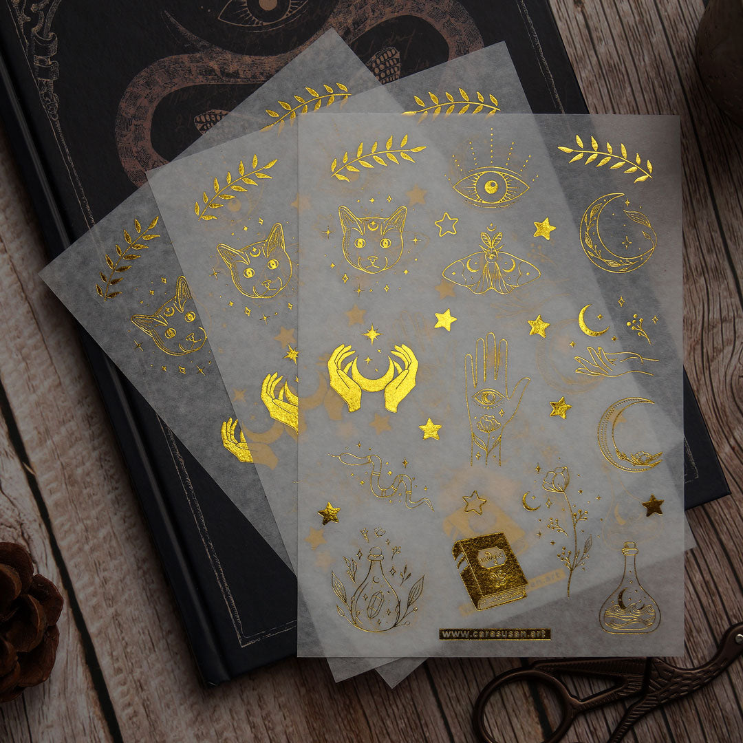 Washi Sticker with gold foil print, magical symbols, cats and witchy things printed on washi paper