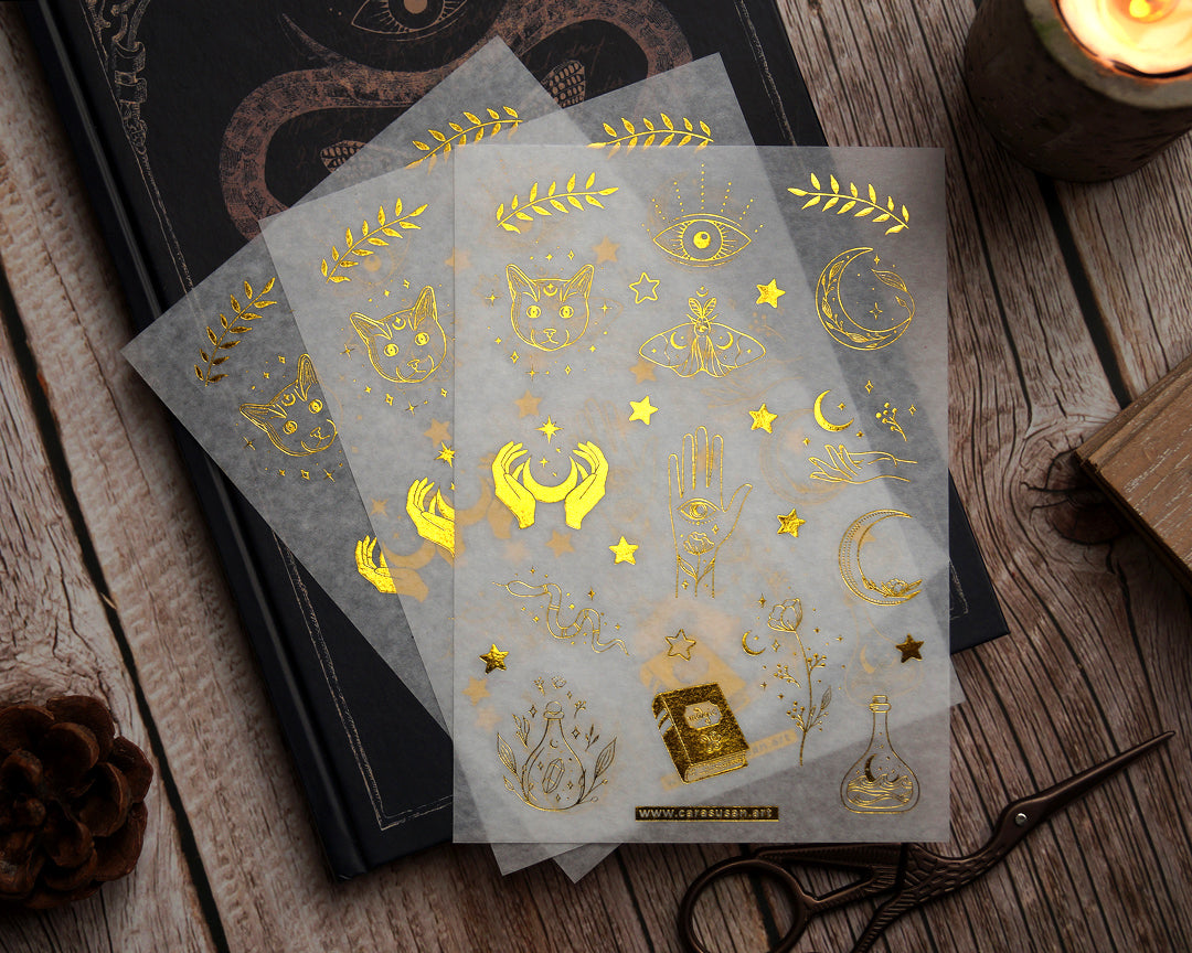 Washi Sticker with gold foil print, magical symbols, cats and witchy things printed on washi paper