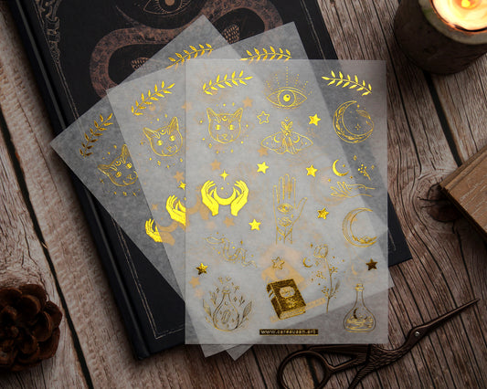 Washi Sticker with gold foil print, magical symbols, cats and witchy things printed on washi paper