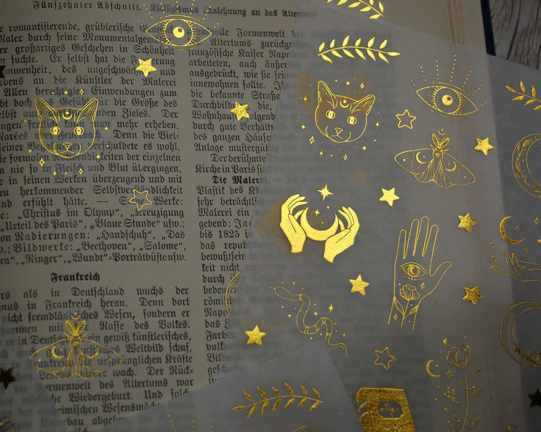 Washi Sticker with gold foil print, magical symbols, cats and witchy things printed on washi paper