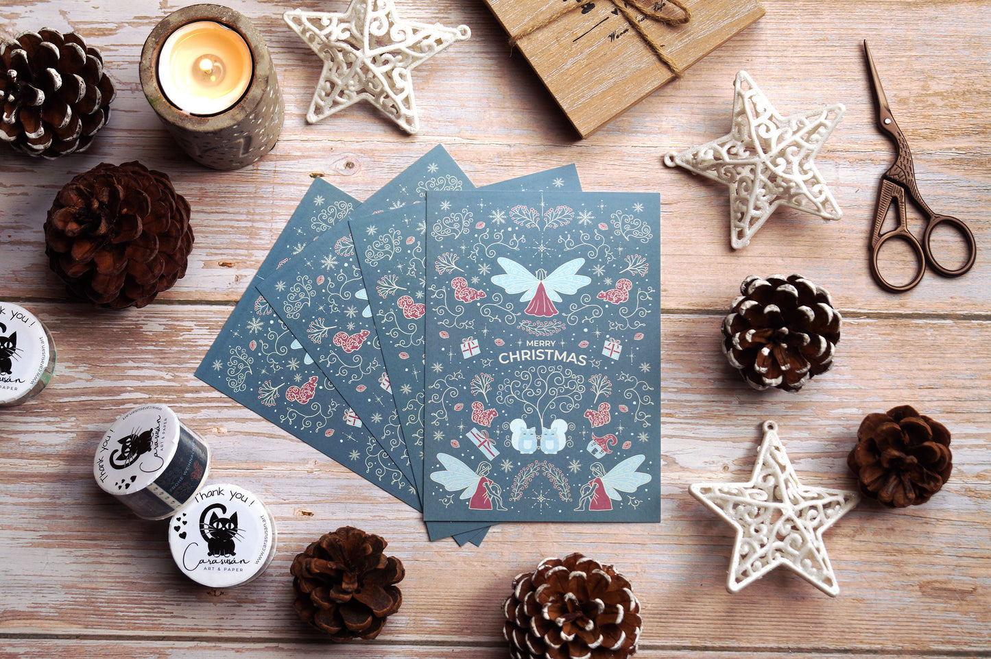 Weihnachtskarte Postkarte in hellblau mit festlichen Ornamenten Engeln und Katzen - 3er Set