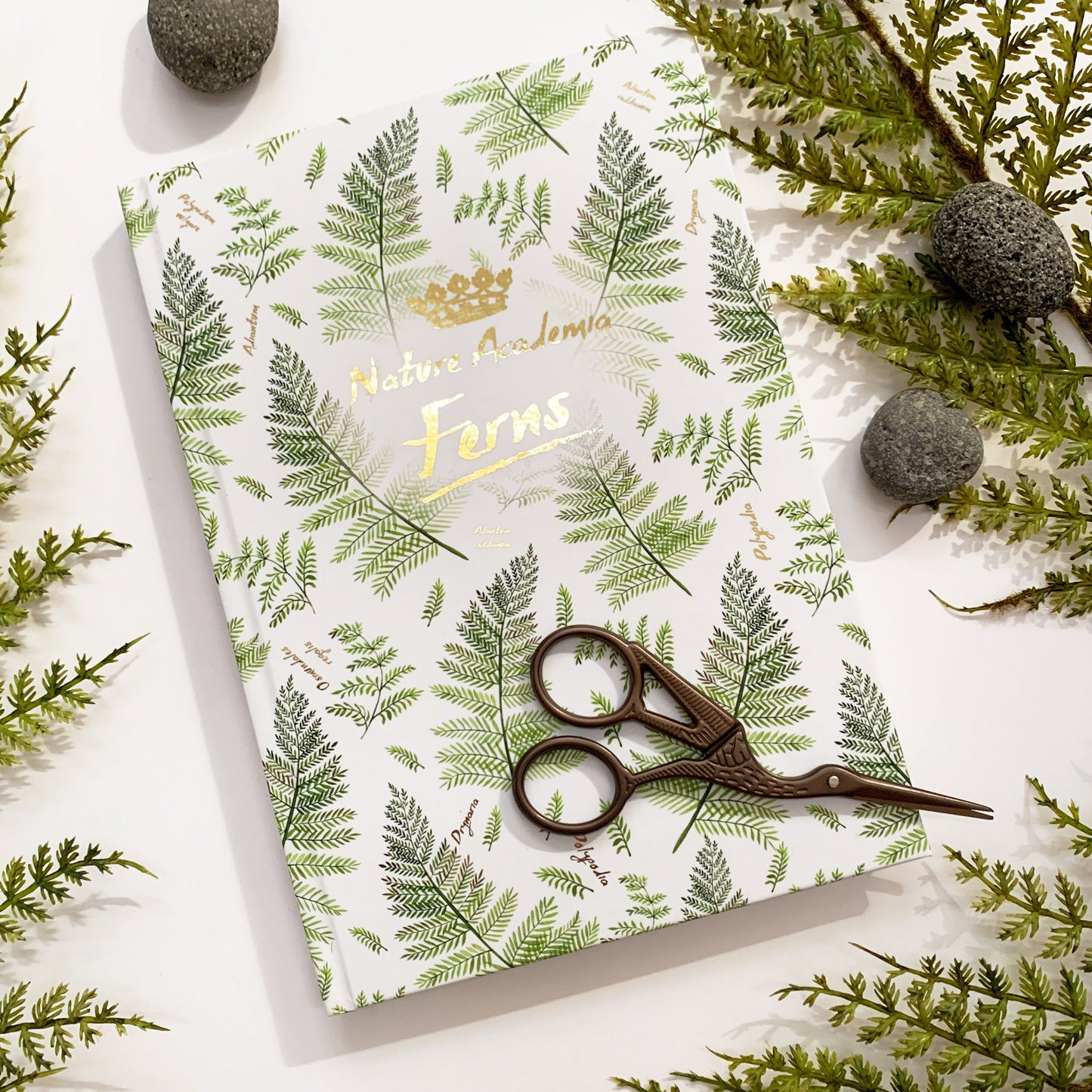 Dot Grid Notebook with fern motifs and gold foil print - white Bullet Pattern Journal DinA5