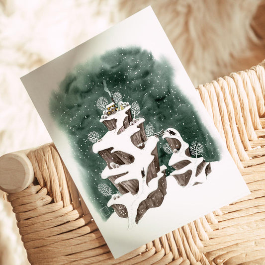 Winter Postkarte 'Die Zusammenkunft' | DinA6 | Aquarell einer verschneiten Berglandschaft