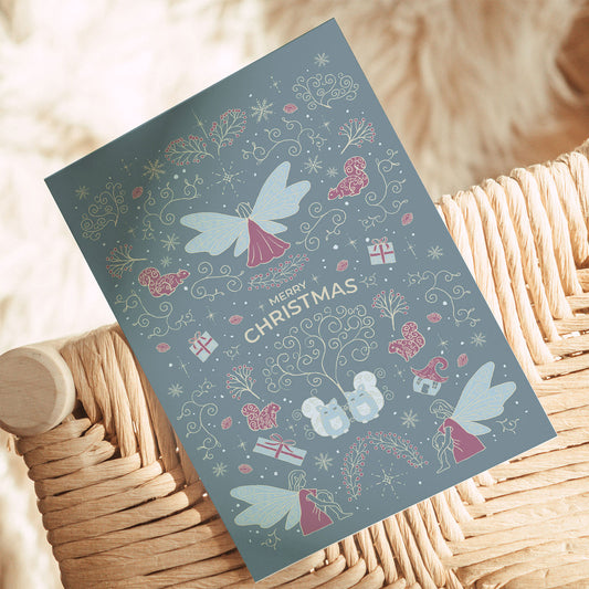 Weihnachtskarte Postkarte in hellblau mit festlichen Ornamenten Engeln und Katzen