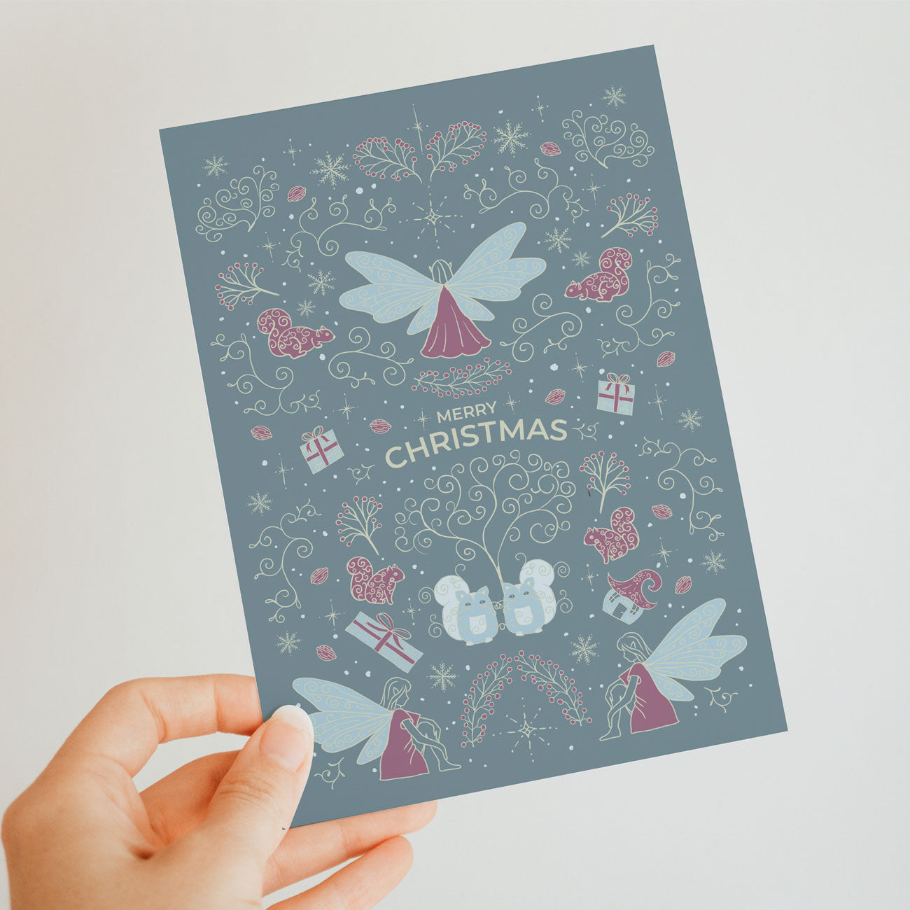 Weihnachtskarte Postkarte in hellblau mit festlichen Ornamenten Engeln und Katzen - Beispiel