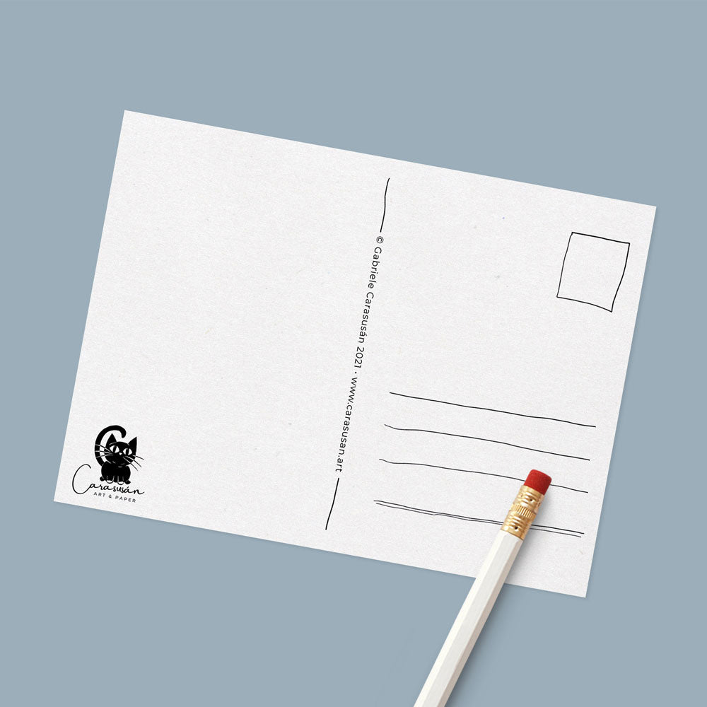 Weihnachtskarte Postkarte in hellblau mit festlichen Ornamenten Engeln und Katzen - nur Rückseite