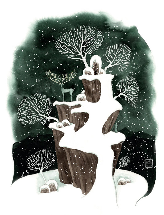 Winter Postkarte 'Winterlandschaft mit Hirsch' Aquarell - Carasusan