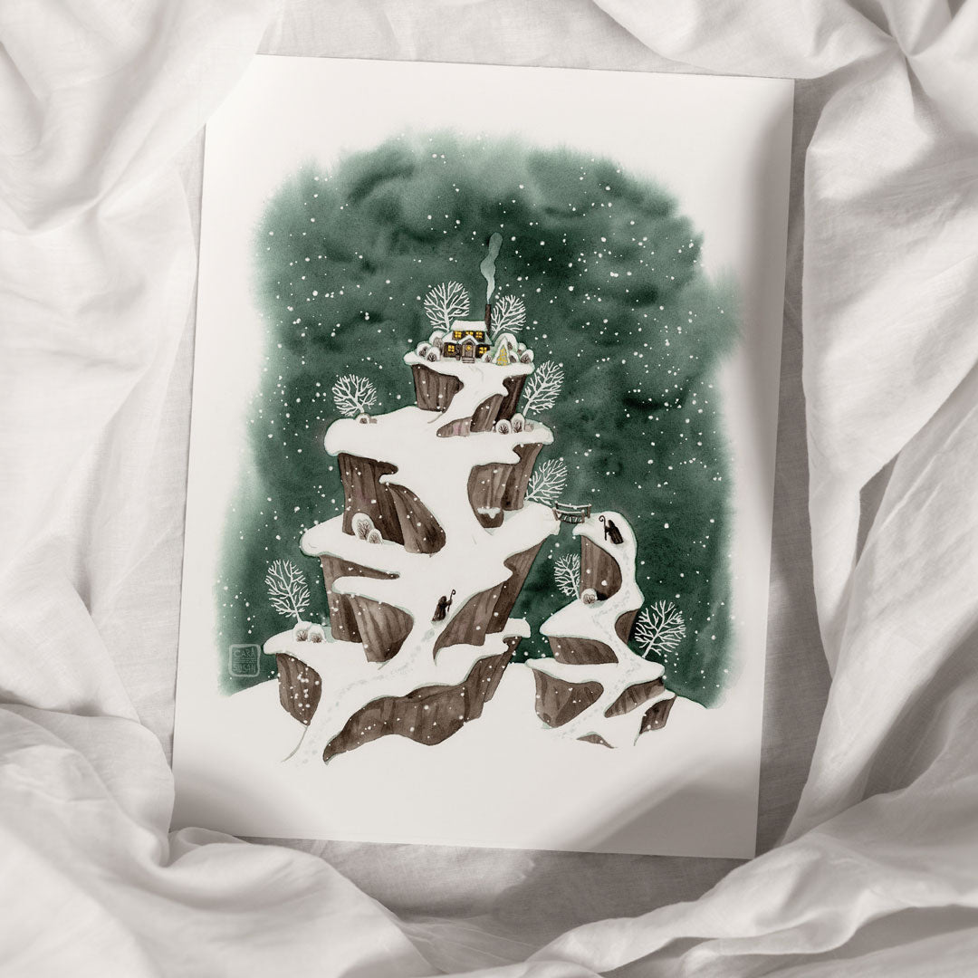Winterlandschaft Aquarell Kunstdruck, Schneelandschaft mit gemütlicher Hütte - Winter landscape with cozy cabin - Watercolor Fine Art Print - Snowscape