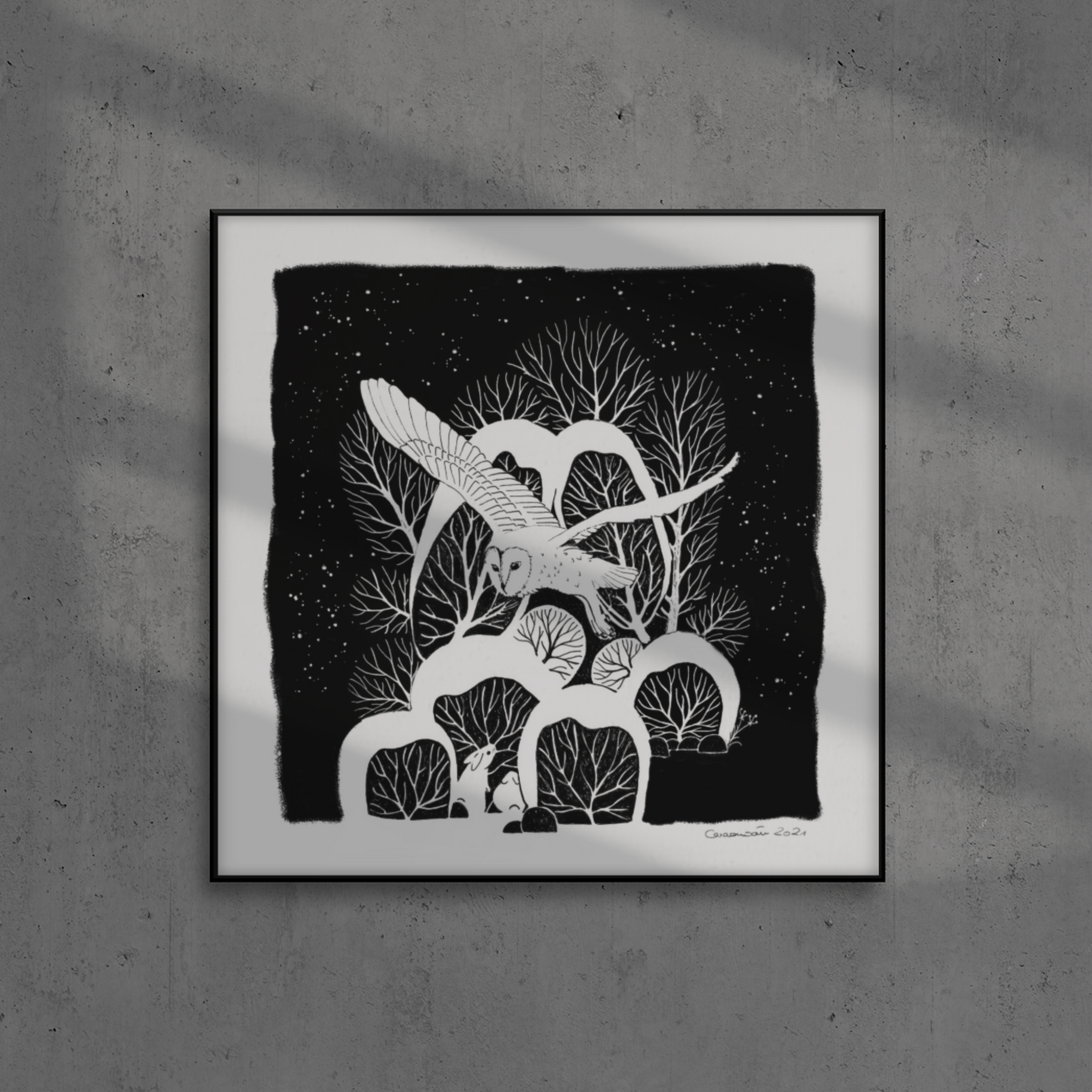 Winterbild - Schleiereule im Schnee - minimalistischer Kunstdruck in schwarz-weiß ca. 35x35cm