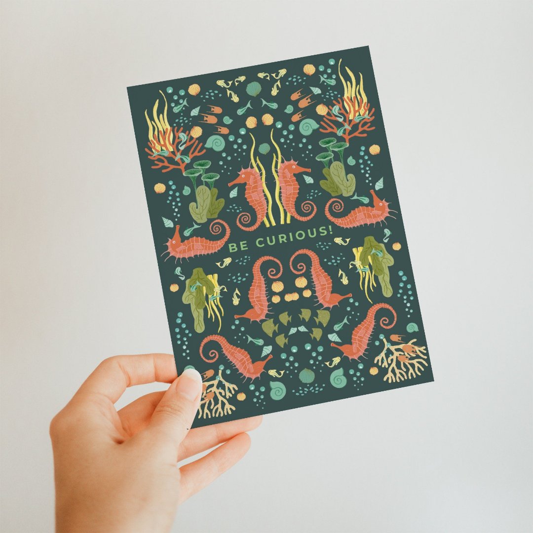 Postcard seahorses and sea animals | Marine life underwater world | Greeting card | Boho Style | Coral Reef Art
