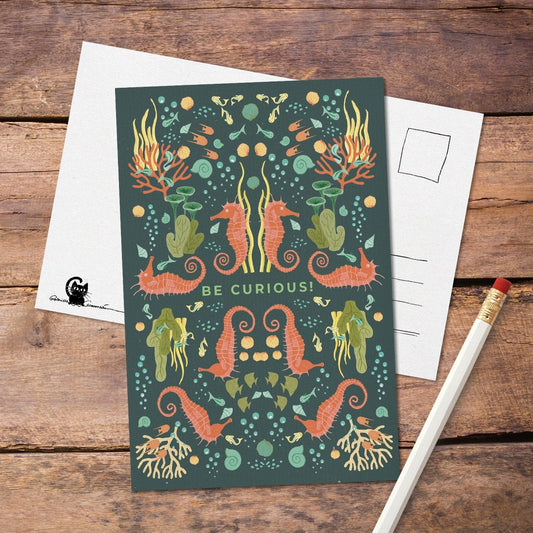 Postcard seahorses and sea animals | Marine life underwater world | Greeting card | Boho Style | Coral Reef Art