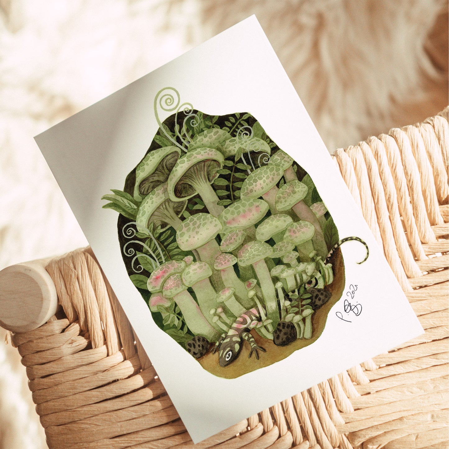 Postkarte 'Pilze und Salamander' Aquarell DinA6 | Waldpilze | Naturillustration | Geschenk Naturliebhaber | Mushroom core