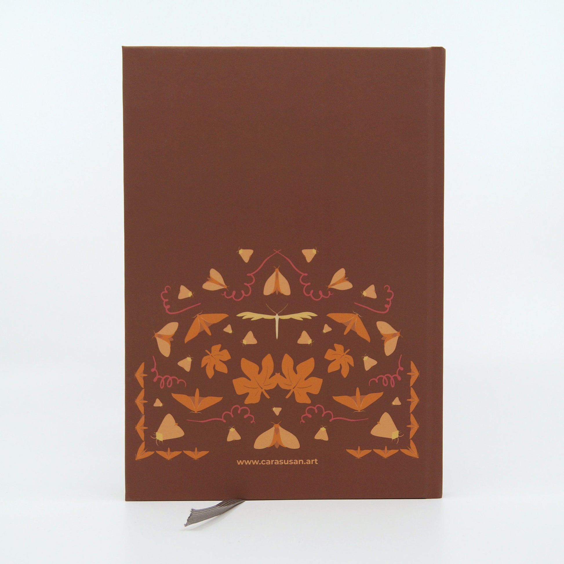 Dot grid Notebook Autumn leaves and moths, Journaling, diary, scrapbook, brown orange, with bookmark, gift for book lovers