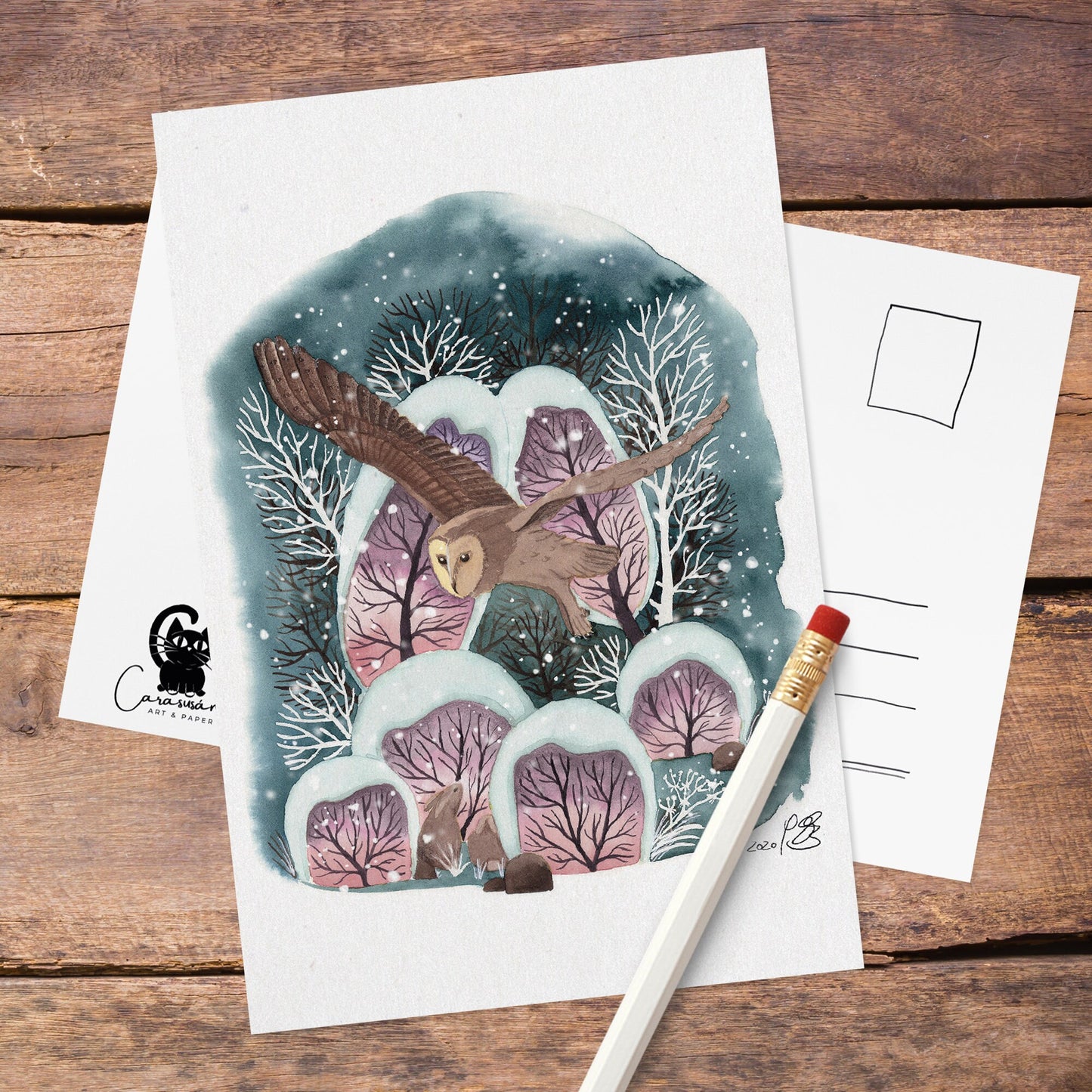 Winterliche Postkarte 'Wintereule' Aquarell