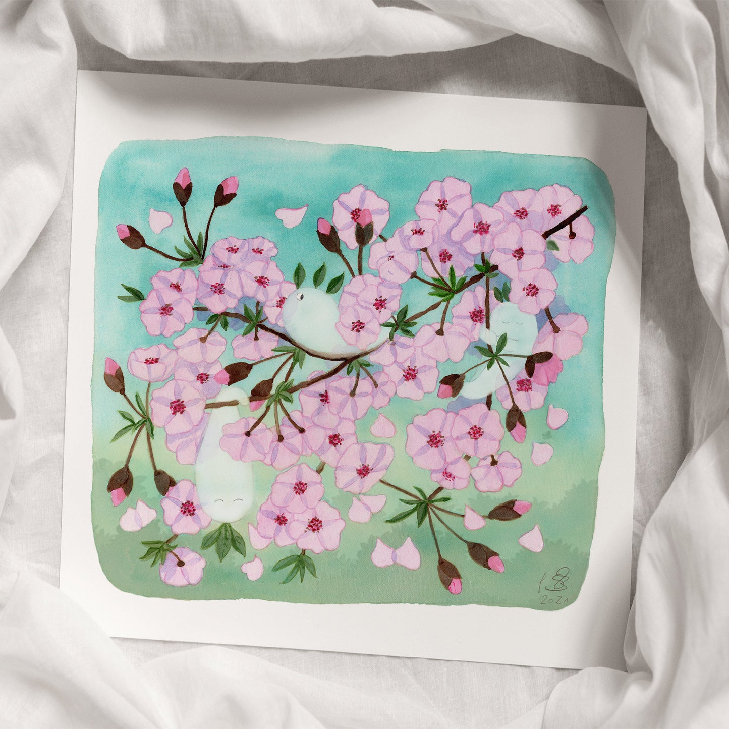 Fine art print of a watercolor painting with soft pink cherry blossoms and cute Japanese tree spirits (Kodama), in gentle spring colors. High-quality Giclée print on textured paper with white border – perfect for nursery decor or as a baby gift.