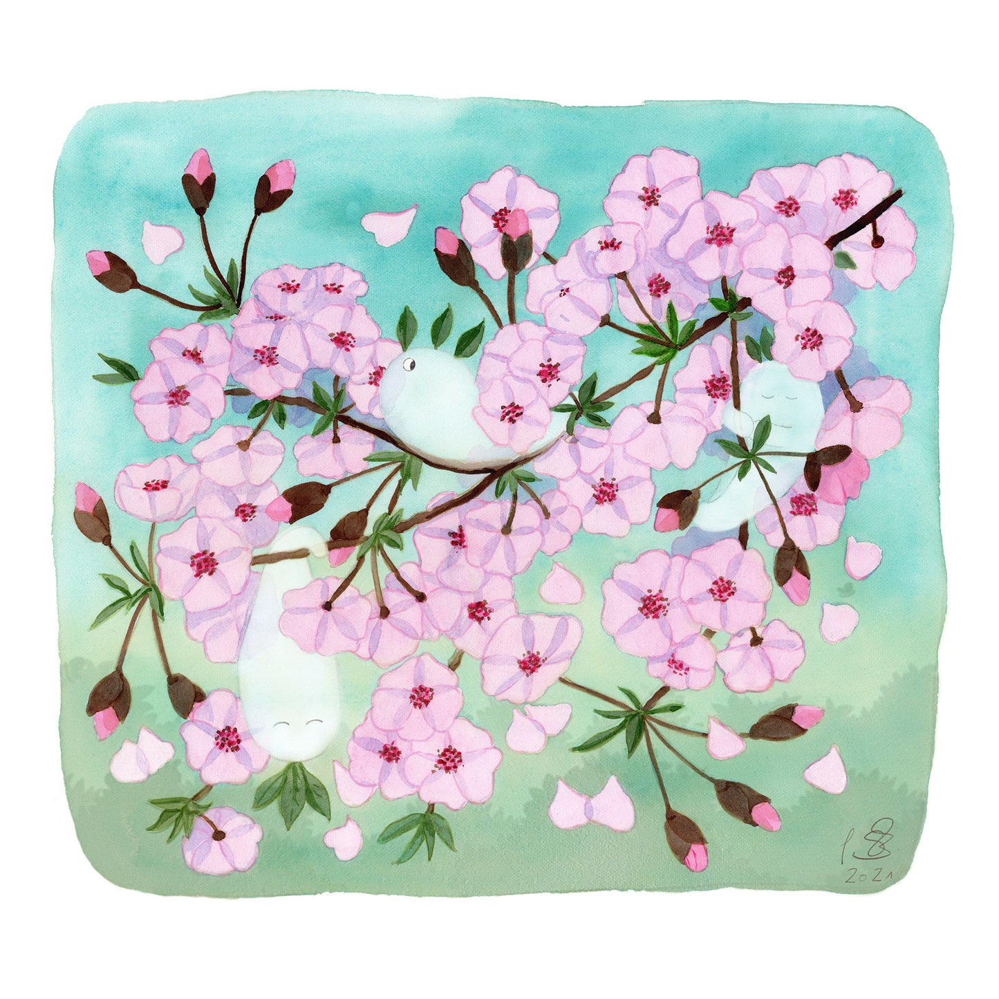 Fine art print of a watercolor painting with soft pink cherry blossoms and cute Japanese tree spirits (Kodama), in gentle spring colors. High-quality Giclée print on textured paper with white border – perfect for nursery decor or as a baby gift.