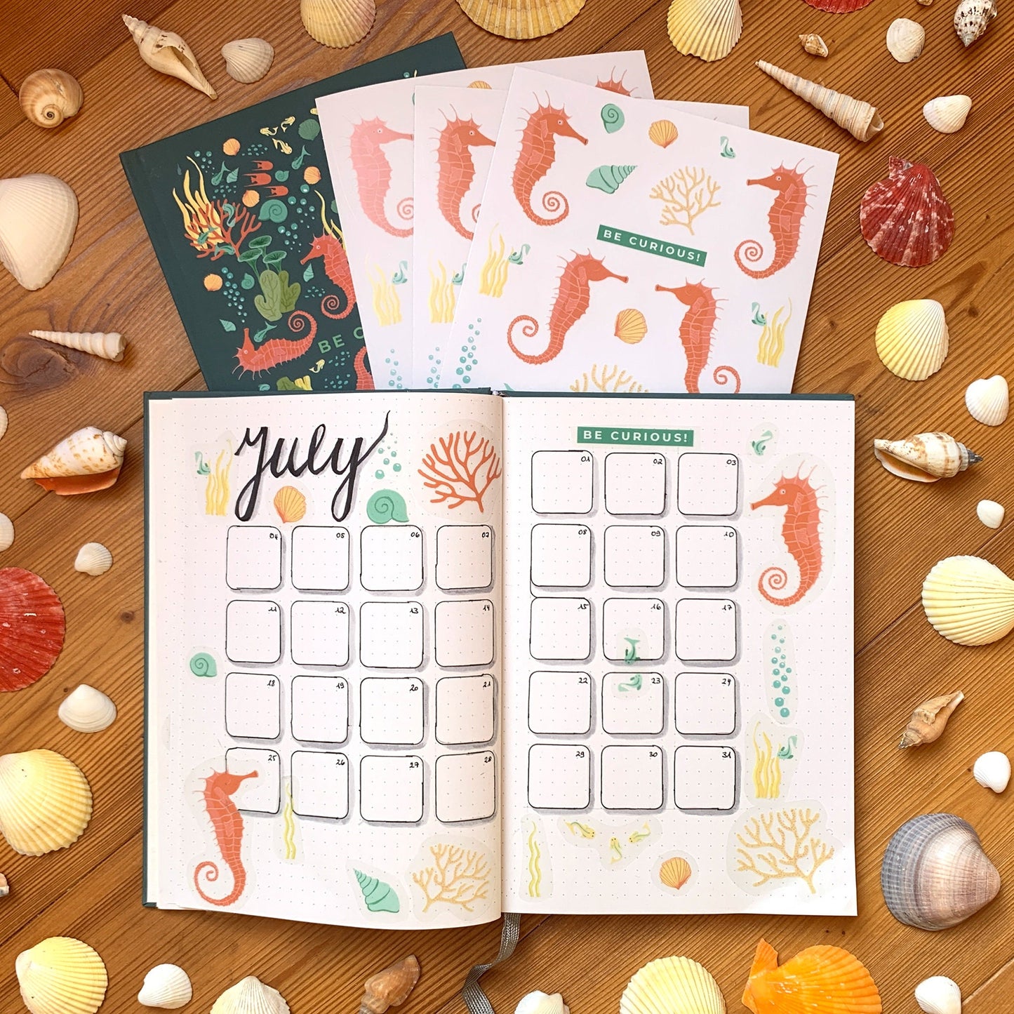Sticker sheet 'Seahorse', shells and corals for journaling, decoration and more