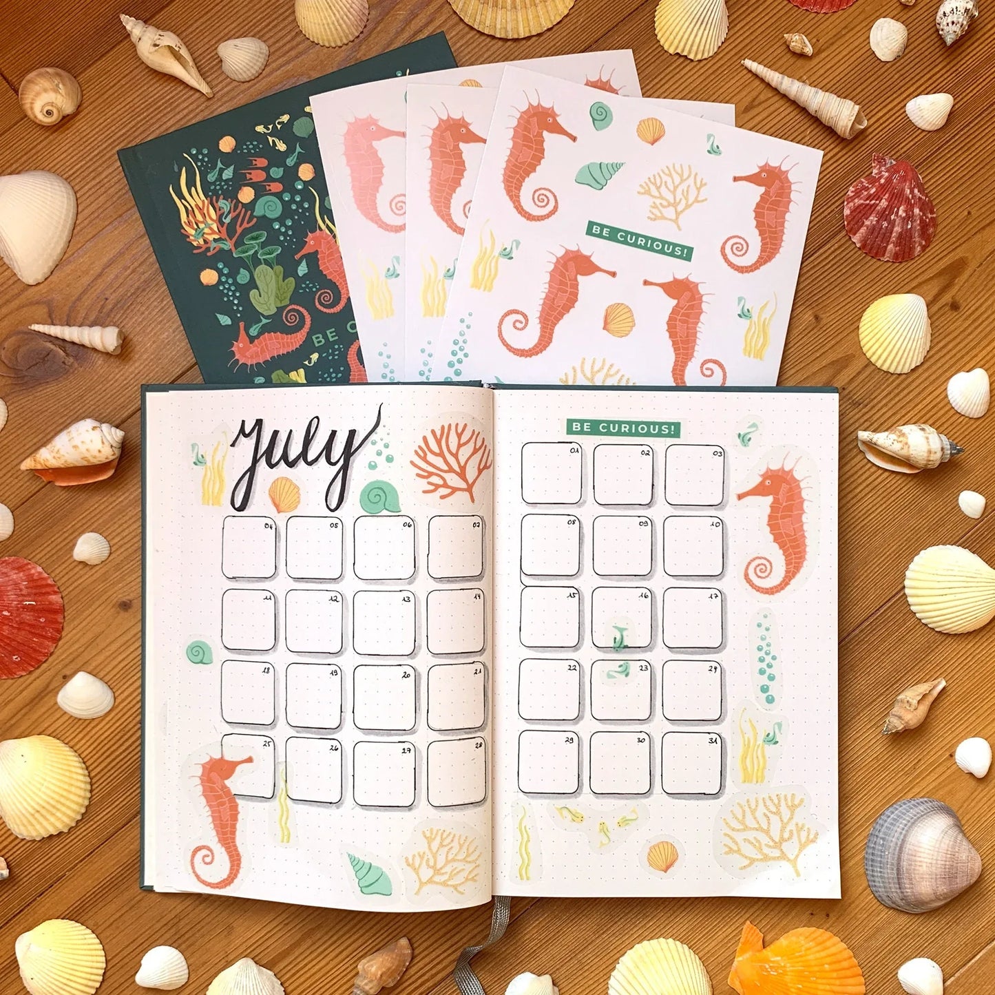 Stickerbogen 'Seepferdchen', Muscheln und Korallen für Journaling, Deko und mehr - Carasusan