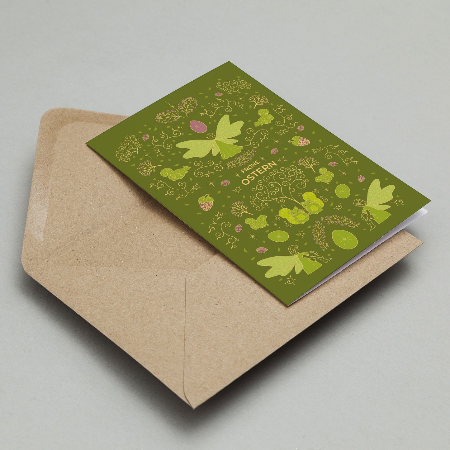 Oster-Grusskarte grün 'Frühlingselfen' mit Umschlag aus Kraftpapier DinA6