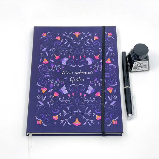 Notizbuch mit Punktraster | violett | Boho Blumenmuster | 128 Seiten mit Lesebändchen und Gummiband - Carasusan