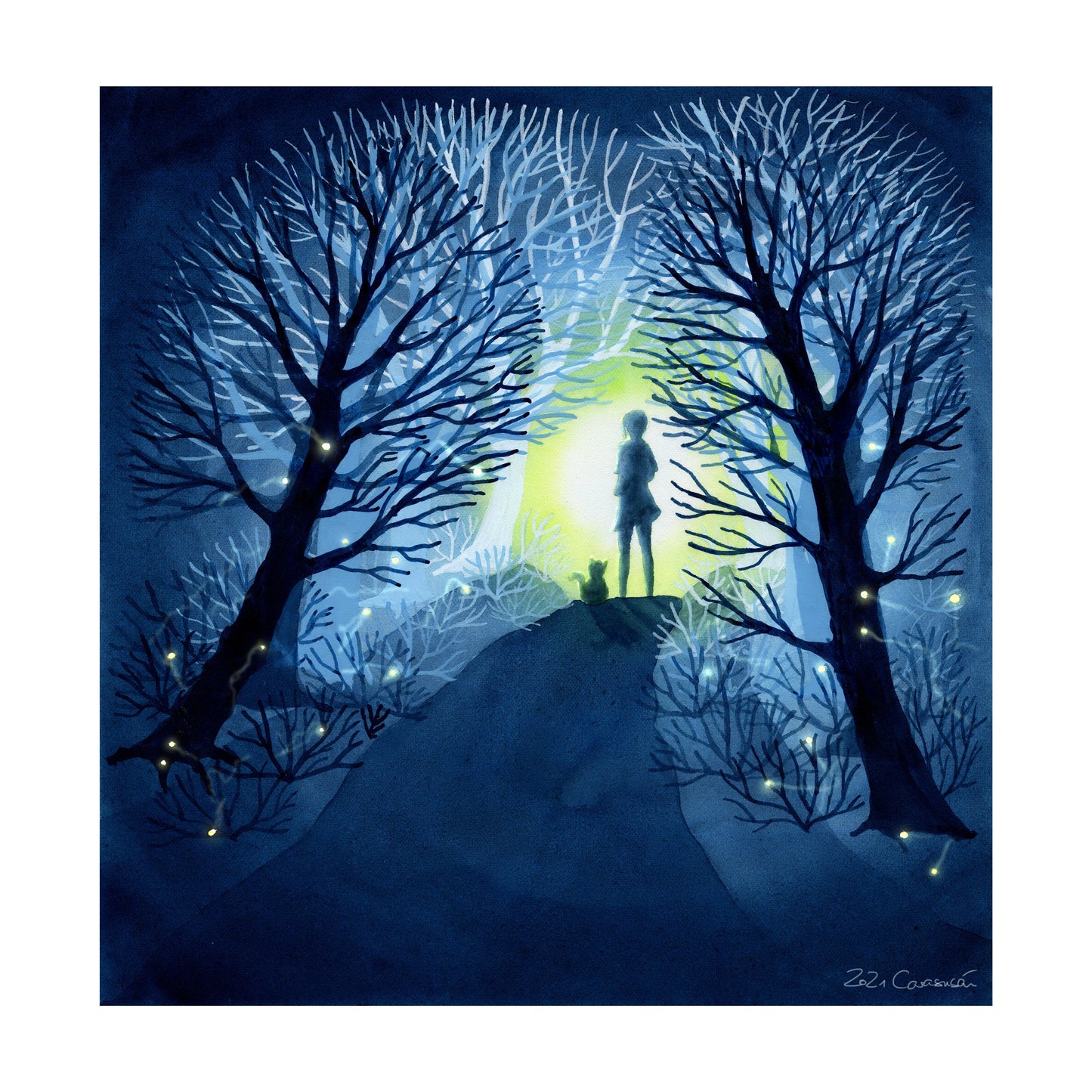 Aquarell 'Glühwürmchen' 30x30cm - Kunstdruck - Nachts im magischen Wald