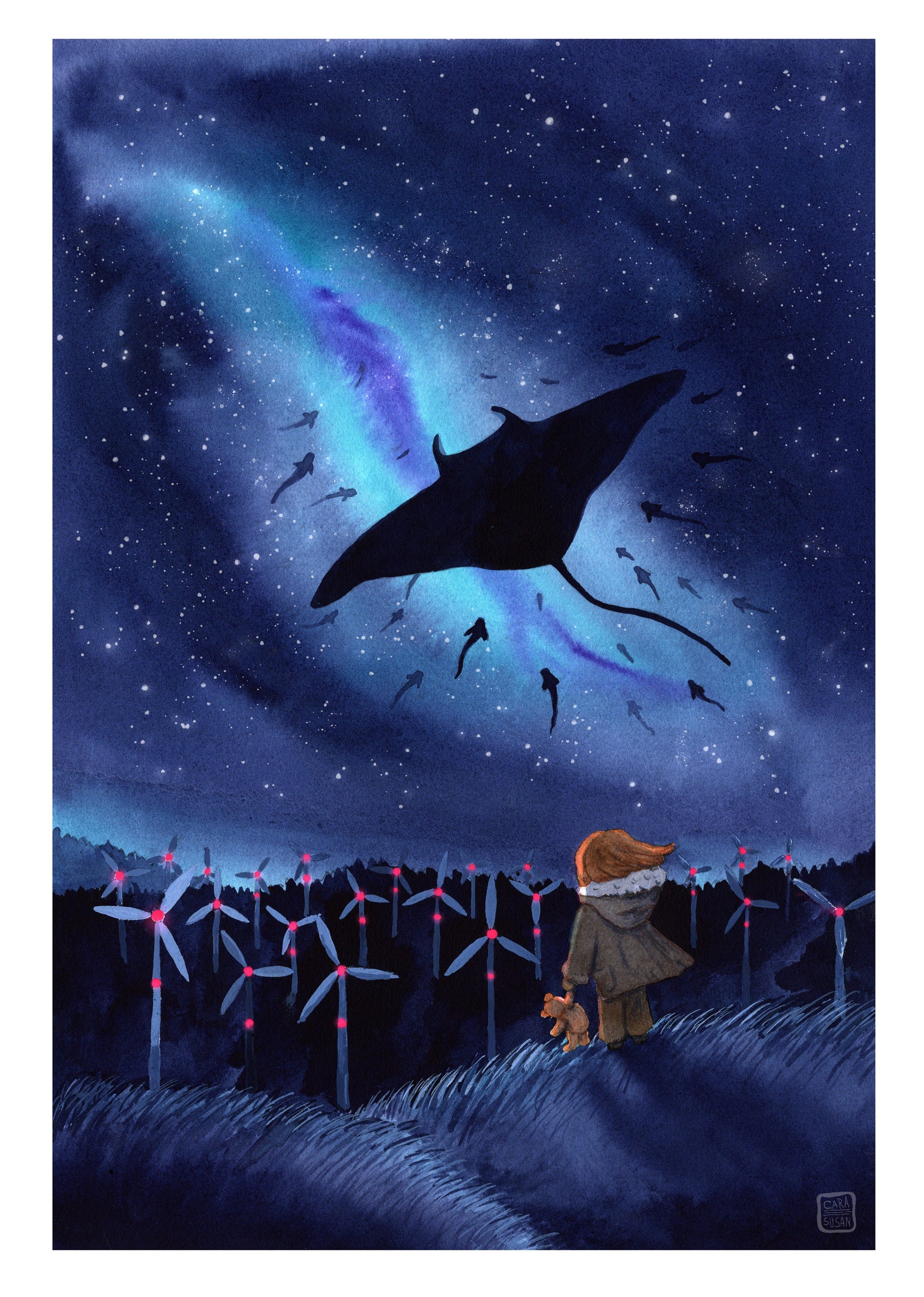 High-quality art print "Migration" on textured watercolor paper, hand-signed and available in various sizes. The artwork features manta rays gliding through a starry sky and a glowing galaxy, painted in soft shades of blue. A dreamy piece of ocean art celebrating marine animals and the beauty of the cosmos.