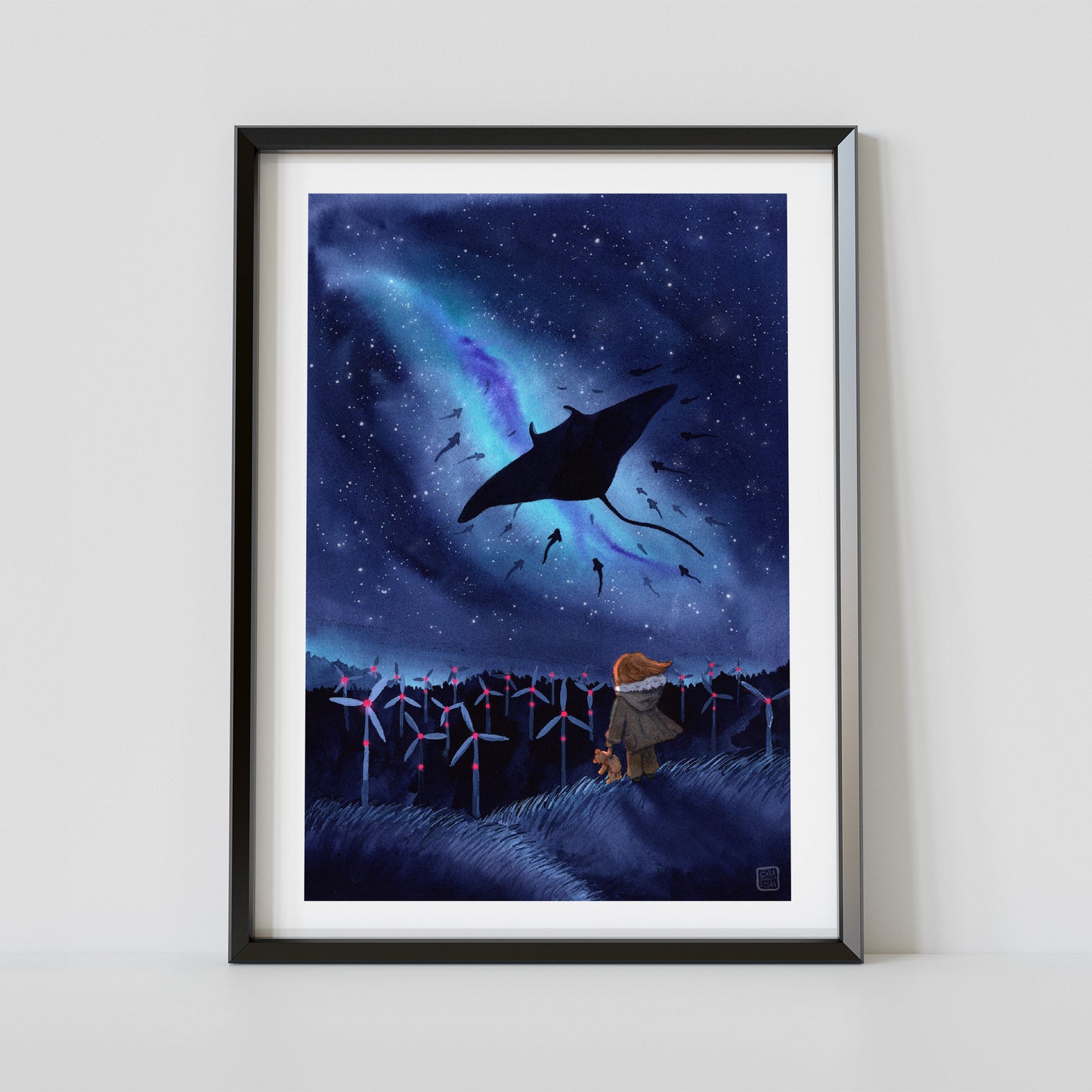 High-quality art print "Migration" on textured watercolor paper, hand-signed and available in various sizes. The artwork features manta rays gliding through a starry sky and a glowing galaxy, painted in soft shades of blue. A dreamy piece of ocean art celebrating marine animals and the beauty of the cosmos.