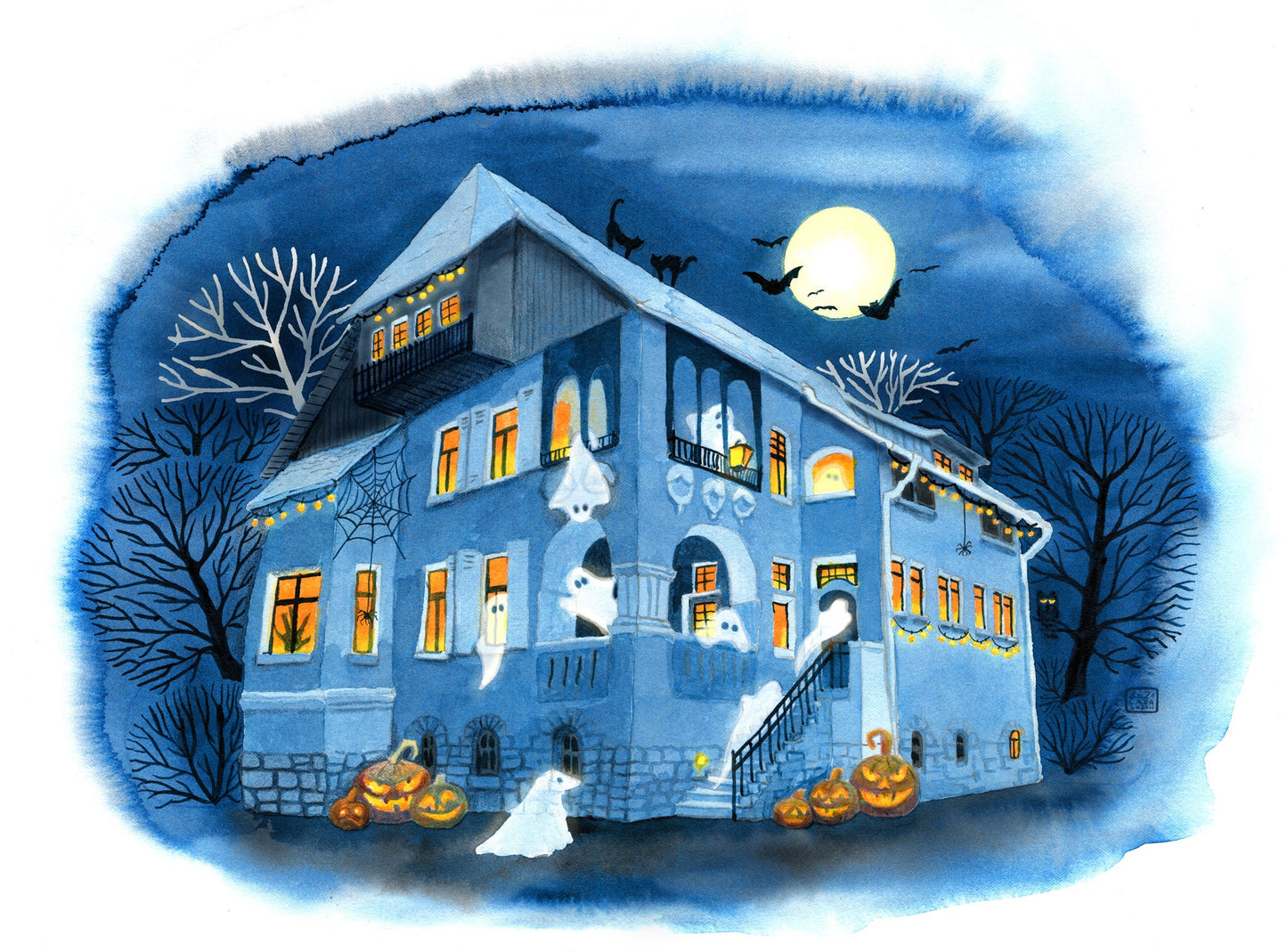 Kunstdruck 'Halloweenparty' auf feinem Aquarellpapier - handsigniert - Lustige Gespenster und Kürbisgesichter