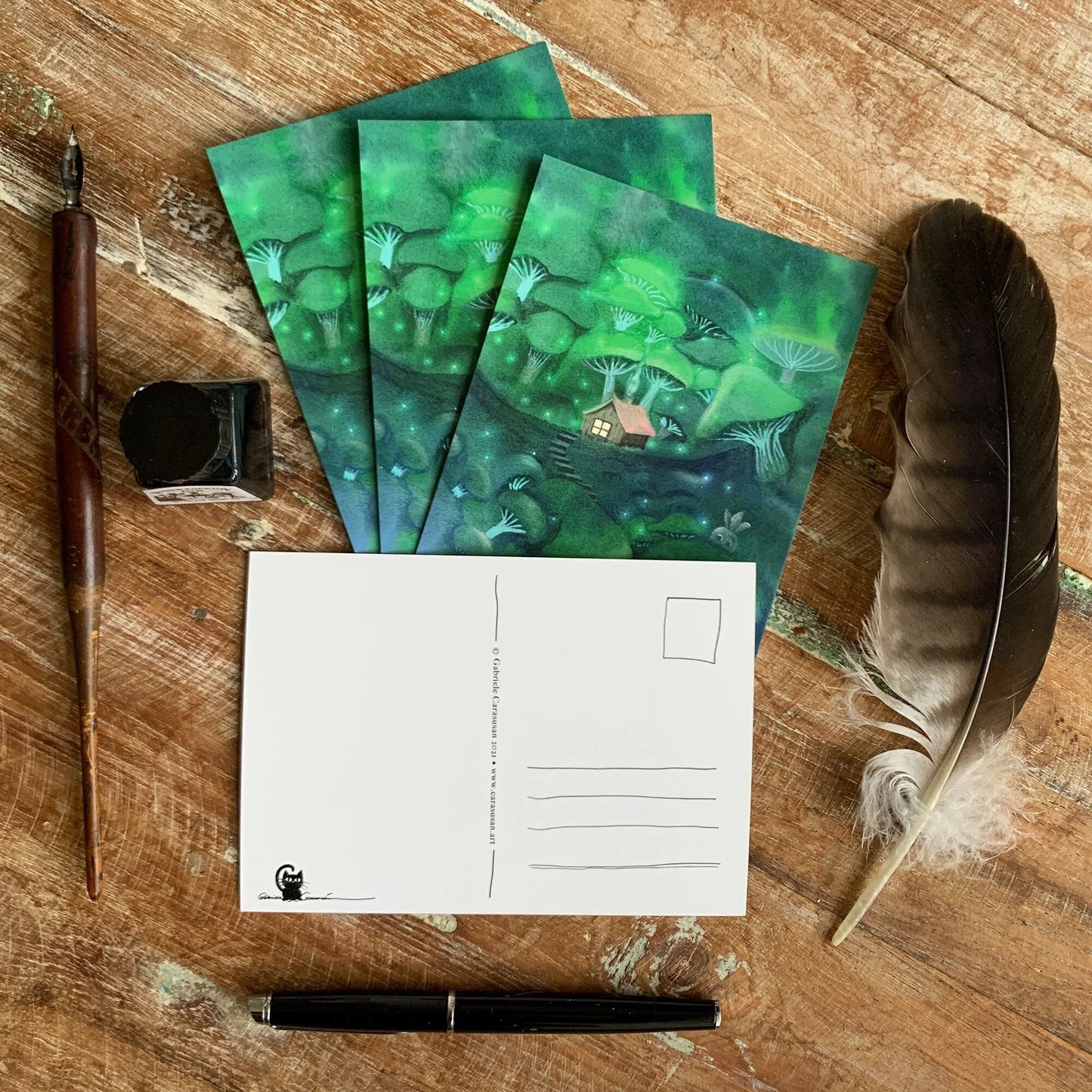 Postkarte "Zauberer im Pilzwald" Aquarell DinA6 - Carasusan