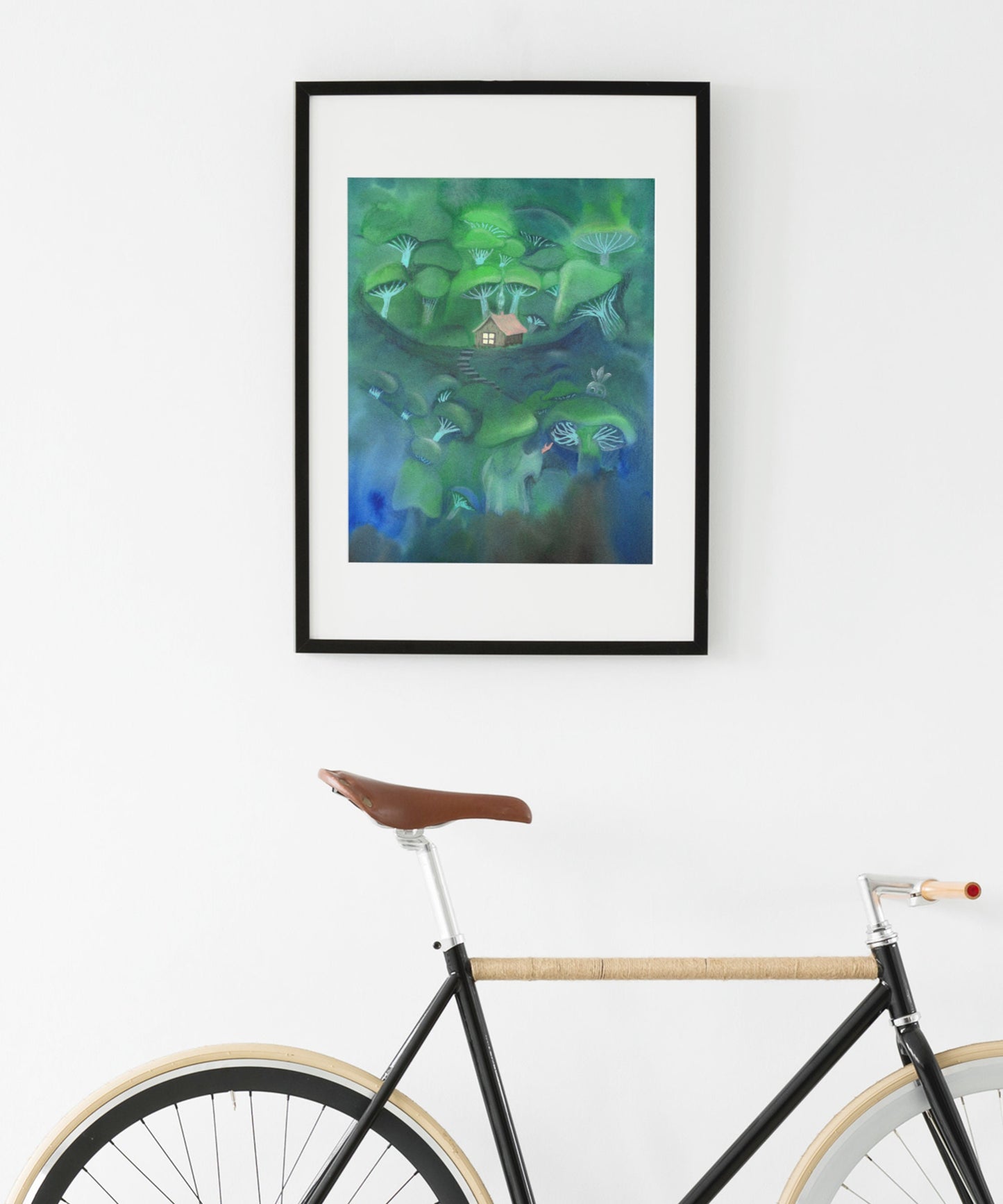 Kunstdruck Hexe im Pilz Wald | auf 300g Aquarellpapier | Wandbild grün | Wítchy Style | Wanddekoration Gemälde | Fantasy Landschaft