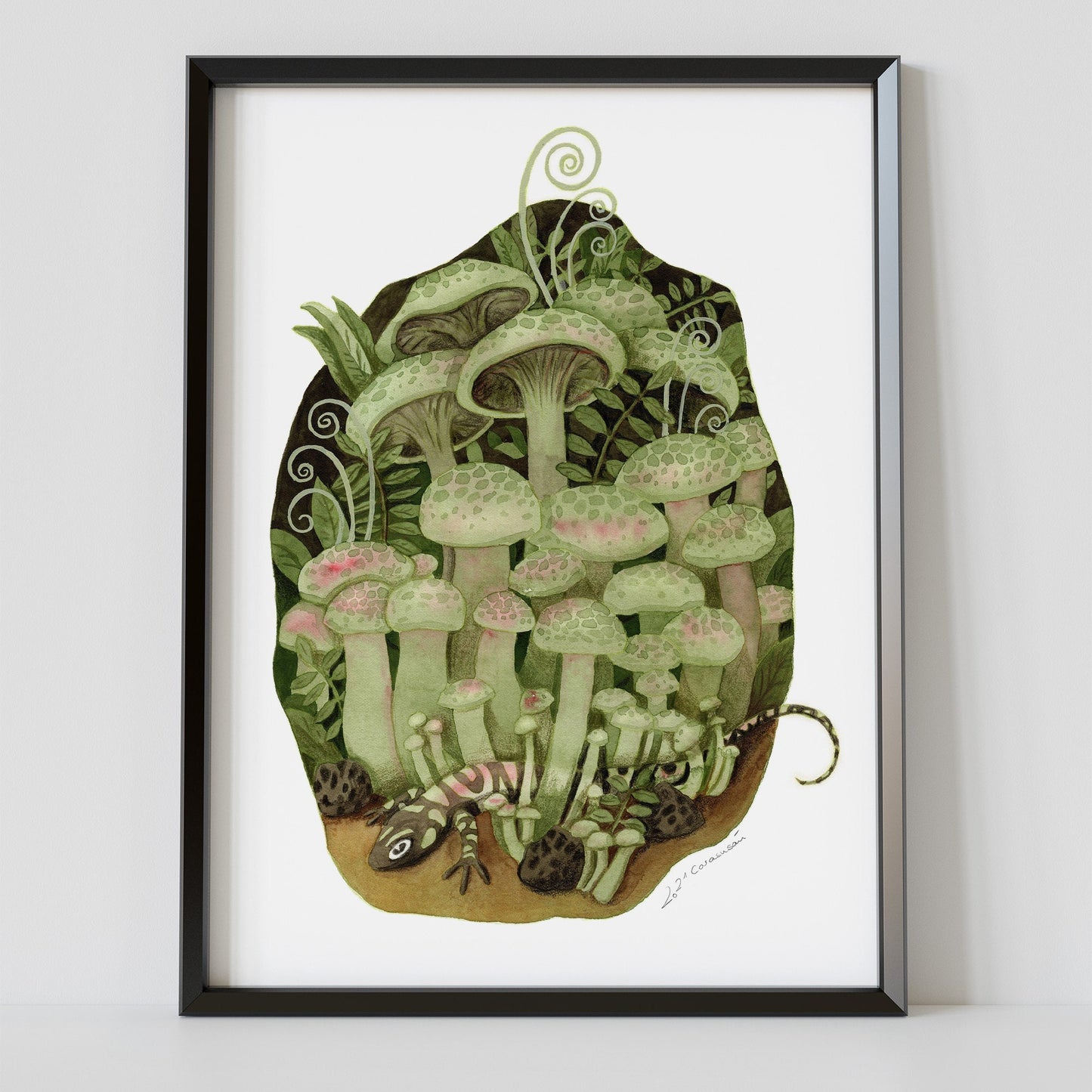 Kunstdruck Pilze und Salamander Aquarell | Wandbild Herbst | Aesthetic Wall Art | Herbstdeko