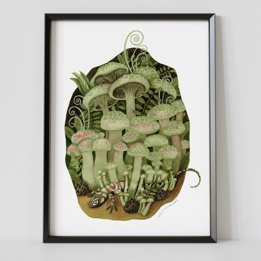 Kunstdruck Pilze und Salamander Aquarell | Wandbild Herbst | Aesthetic Wall Art | Herbstdeko - Carasusan