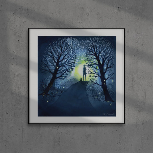 Aquarell 'Glühwürmchen' 30x30cm - Kunstdruck - Nachts im magischen Wald - Carasusan