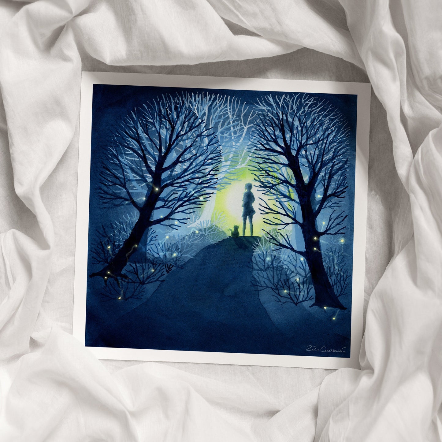 Aquarell 'Glühwürmchen' 30x30cm - Kunstdruck - Nachts im magischen Wald